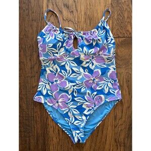 Roxy Women's floral Blue White one piece keyhole Cutout swimsuit size XL